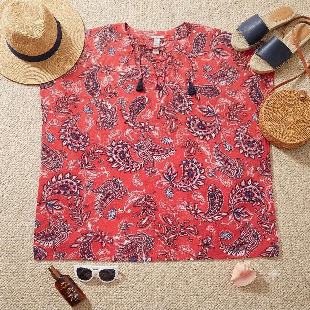 Tommy Bahama Paisley Lace-Up Kaftan Cover-Up, Size S/M, Red